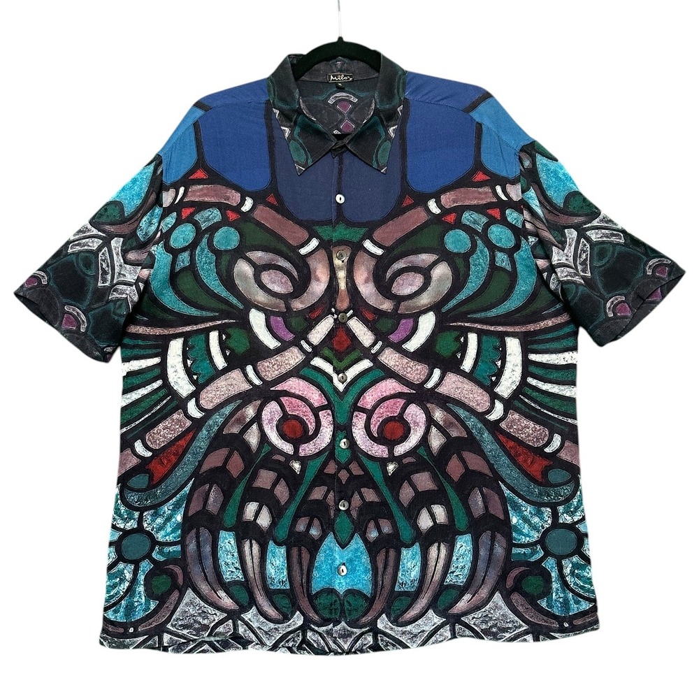 Milo's Button Down Shirt Stained Glass Butterfly Art Rayon Multicolor XL Boho
